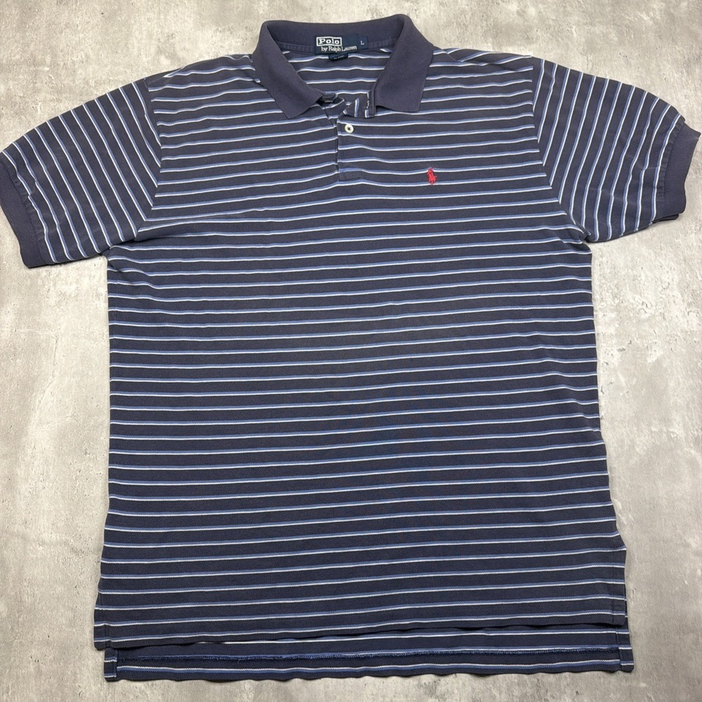 Polo Ralph Lauren Polo Shirt Mens L Blue Striped Short Sleeve Pony Logo Preppy